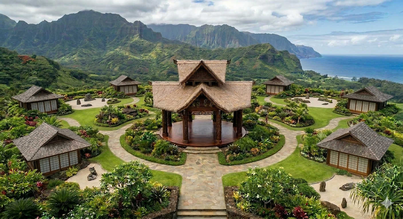 Overview of the full Piko village — all seven buildings on the property